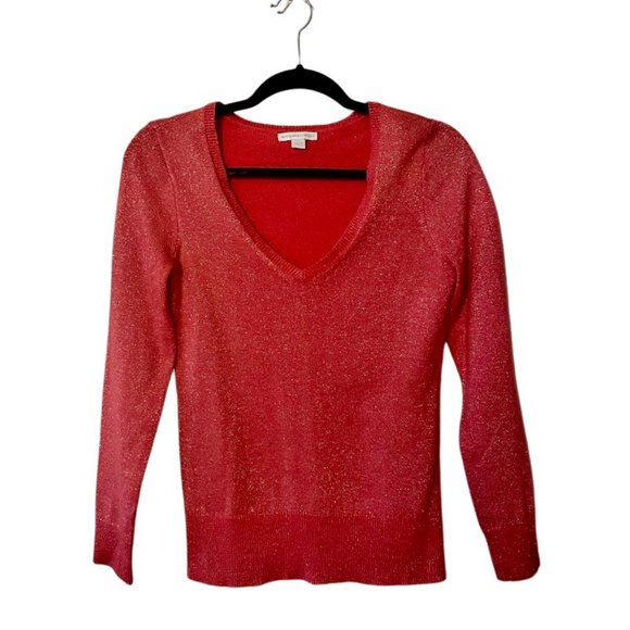 New York & Co. | Coral/Red Sparkle Knit Holiday V-Neck Sweater Sz XS - Picture 1 of 5